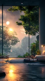 Modern glass-walled forest bedroom at sunrise with misty canopy