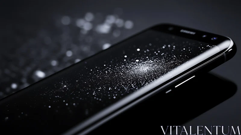 Black smartphone closeup with dust on reflective screen.