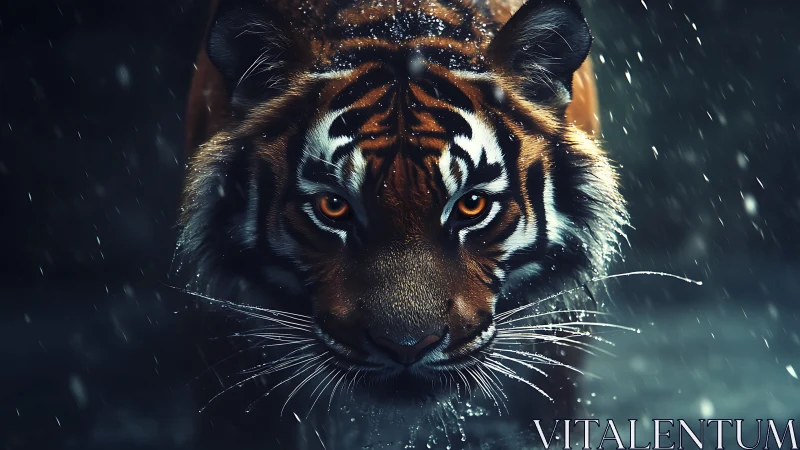 Midnight storm tiger stalking through electric snowfall.