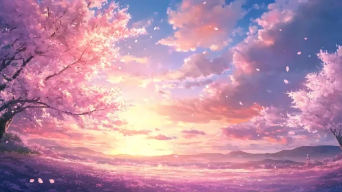 Blossoming cherry grove under radiant pastel sunset sky.