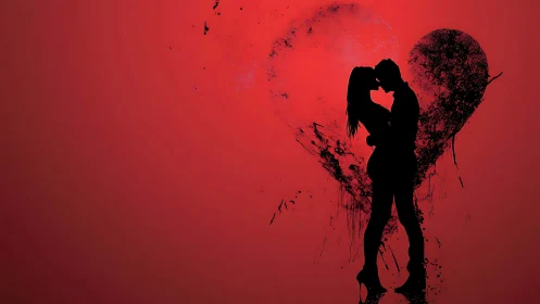Silhouetted Couple Embracing Against Deteriorating Heart Shape Rendered in Red