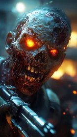 Molten-eyed cyber zombie lunges forward in toxic glow.