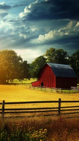Golden farm sunset wraps a quiet red barn in gentle light
