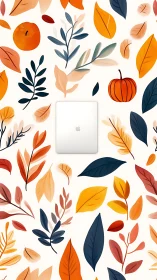 Minimal laptop centered in bold autumn leaf pattern background.