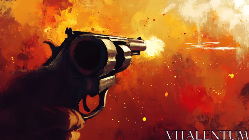 Dynamic revolver discharge in high-impact digital painting.