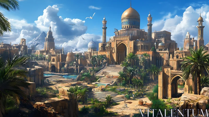 Sunlit desert citadel crowned with gleaming sapphire domes.
