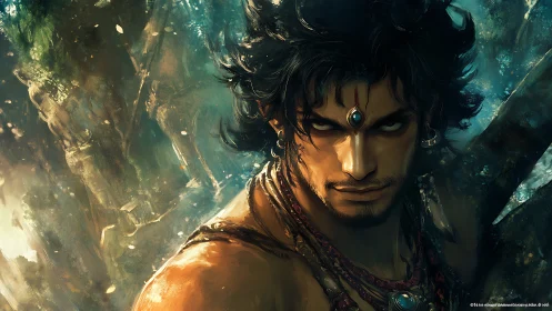 Warrior with jeweled headpiece stares intensely in forest