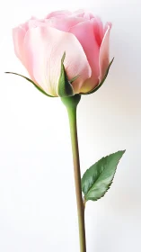 Single pink rose specimen with green stem and foliage.