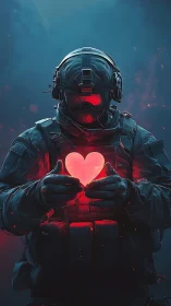 Armored Soldier Holding Luminous Heart Against Cyberpunk Atmosphere