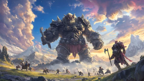 Giant armored warlord faces army in wide fantasy valley.