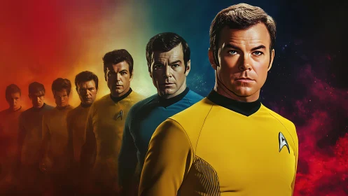 Starfleet officers lineup against multicolor space nebula.