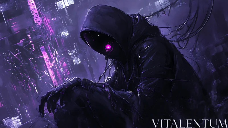 Neon hooded phantom wired into the violet cyber-night.