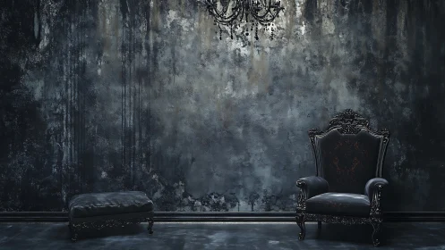 Ornate dark armchair and ottoman against weathered wall.