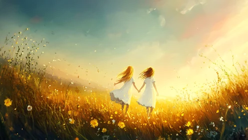 Childhood silhouettes crossing golden sunset meadow together.