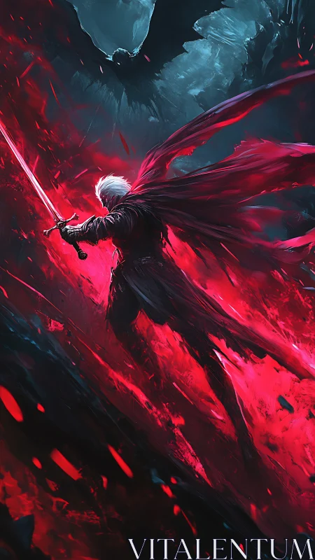 Scarlet-clad swordsman confronts shadow dragon in dynamic inferno
