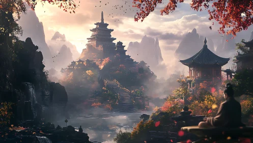 Mystic mountain temple city in serene autumn valley.