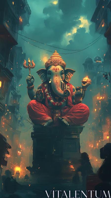 Ganesha statue in glowing urban night festival scene.