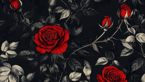 Deep Red Roses Bloom Against Midnight Darkness.