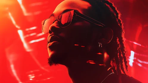 Bold portrait glows in neon red light with confident style