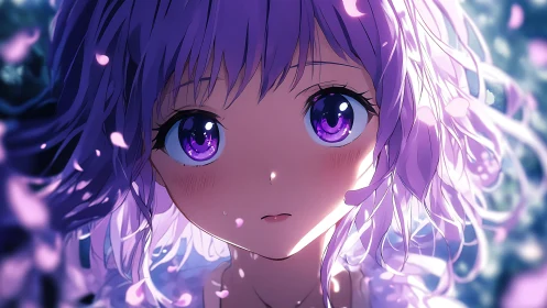 Violet haired anime girl in petal illuminated depth of field.
