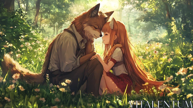 Fox-hearted lovers bask in a wildflower forest embrace.