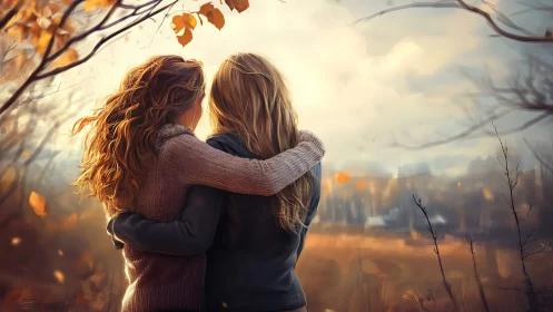 Two friends embracing in autumn field, soft painterly style scene.