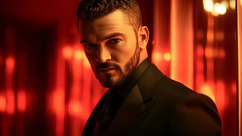 Stylish man in red neon corridor radiates cinematic tension