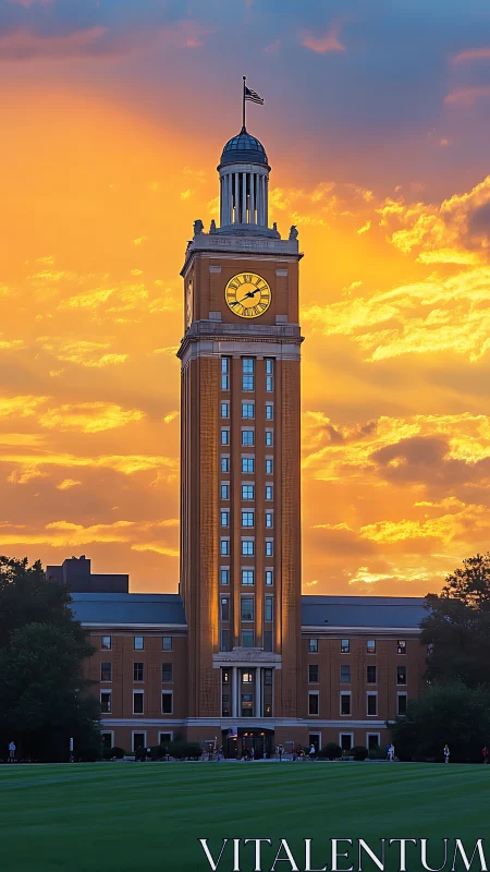 Clock tower over collegiate quad at golden hour sunset