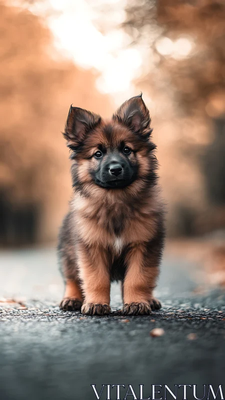 German Shepherd puppy on road with blurred autumn background.