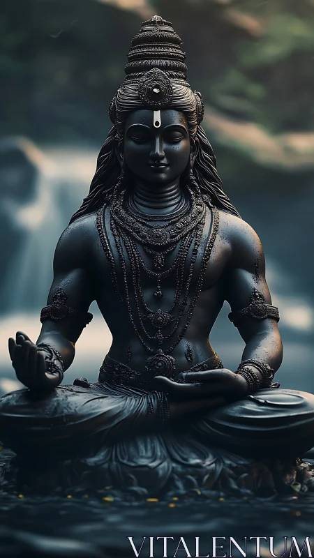 Serene dark stone deity statue in meditative waterfall setting.