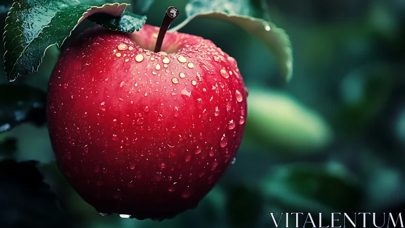 Red orchard apple glistens with dew in soft bokeh field.