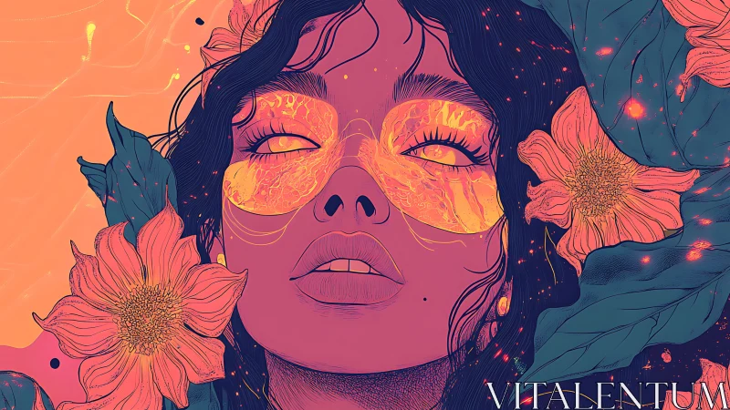 Stylized female portrait with floral elements and neon mask.