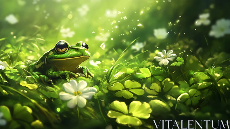 Sunlit green frog rests in clover meadow with luminous bokeh