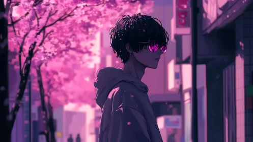 Solitary youth in sakura-lit street rendered in neon hues