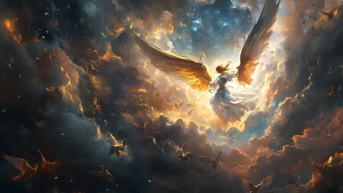 Winged figure ascending through luminous cloud vortex.