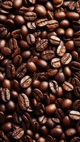 Roasted coffee beans fill frame in tight vertical closeup