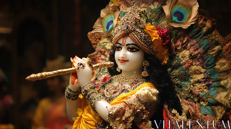 Gilded deity in peacock splendor plays a luminous flute.