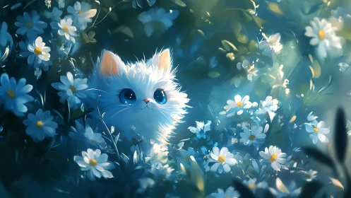 White Feline Subject Rendered Within Chamomile Floral Environment Using Soft-Focus Bokeh Depth