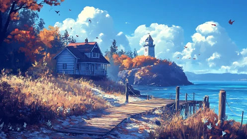 Coastal cottage with lighthouse on rocky headland overlooking calm water.