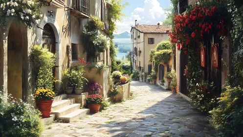 Sunlit village lane wrapped in climbing flowers and quiet promise.