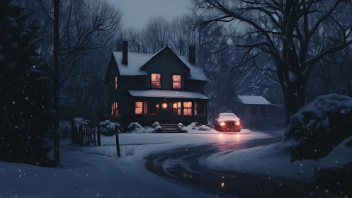 Snow-covered house and parked car in low-light winter scene