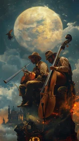 Lunar-illuminated cowboys perform double bass duet on molten sky outcrop