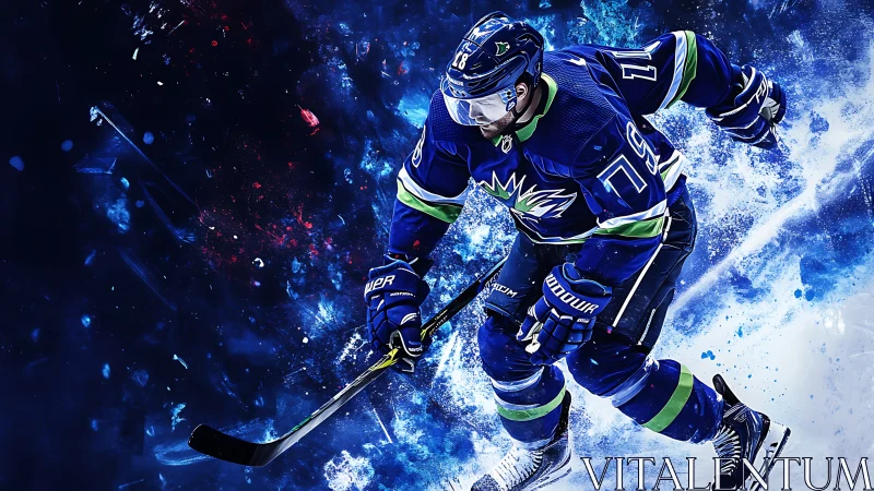 Ice hockey player in blue uniform charging across rink.