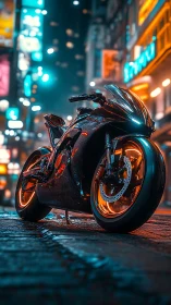 Neon-clad cyberbike prowls through rain-slicked city glow.