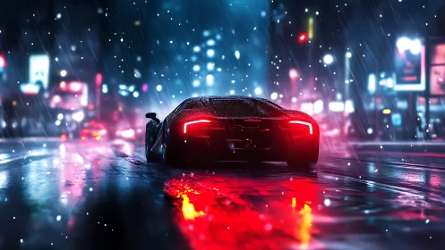 Neon-lit supercar rear view in rainy city with reflective wet asphalt
