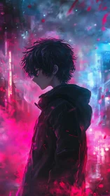 Hooded youth stands in neon city fog with glowing colors