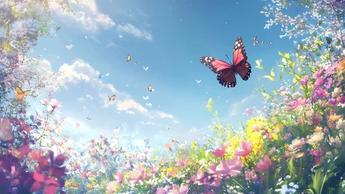 Butterflies above dense spring meadow under clear blue sky.