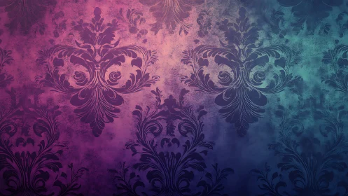 Gradient damask wallpaper with ornate floral motif pattern.
