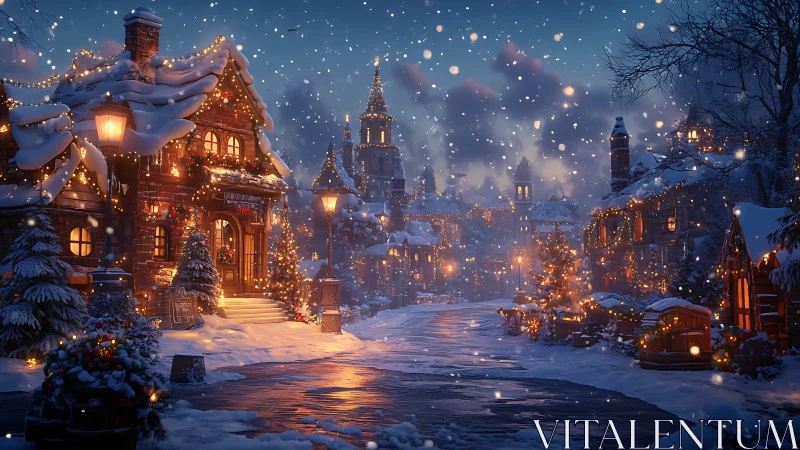 Snowy Christmas village glows with cozy winter warmth