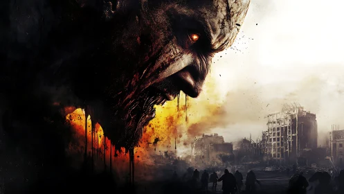 Colossal burning zombie visage looms over apocalyptic ruins